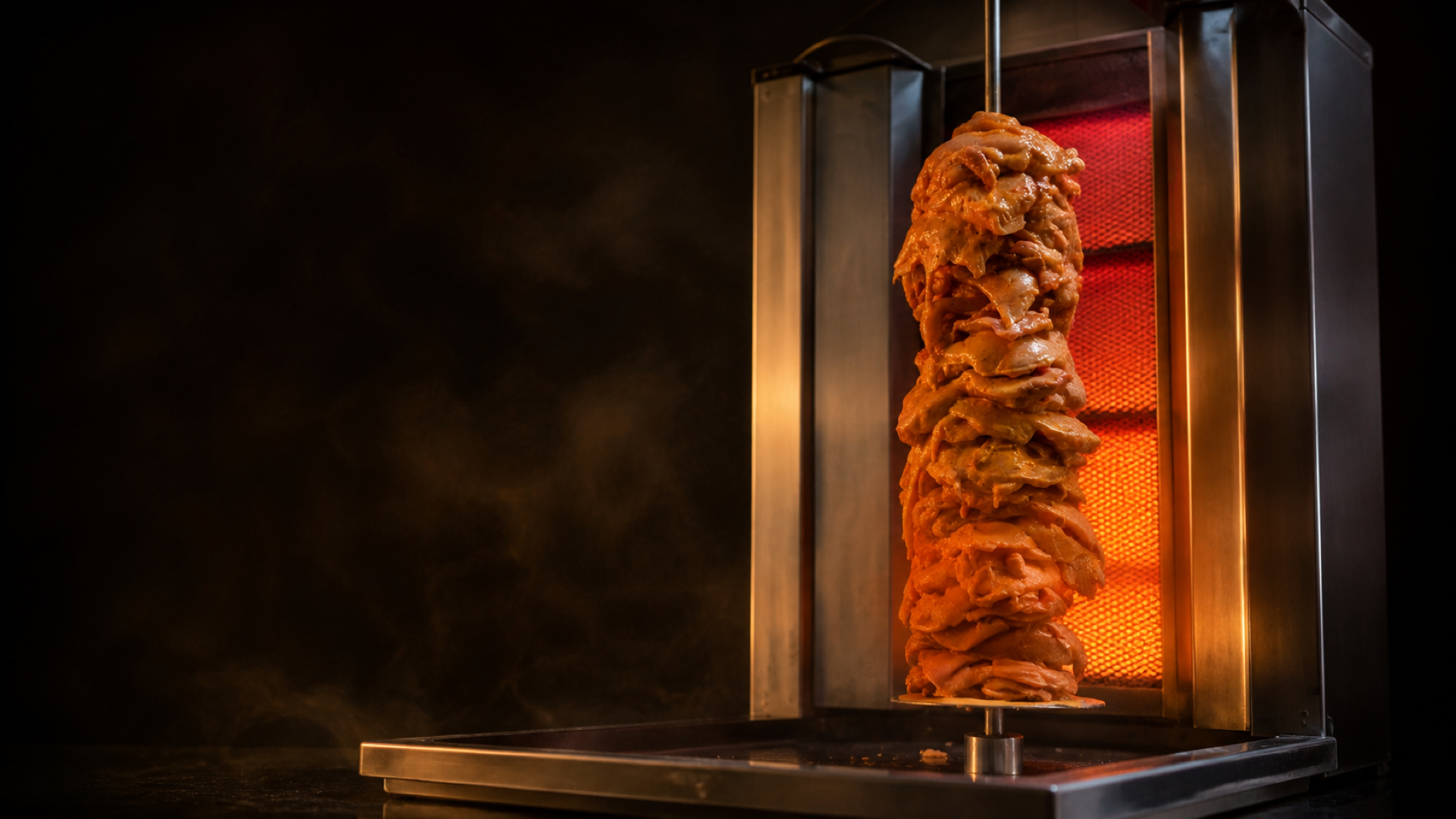 Shawarma meat roasting over fire